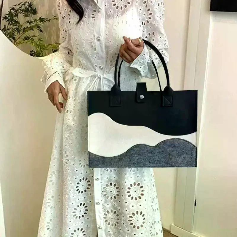 Large Capacity Felt Tote Bag Wavy Color Block Design Snap Closure Water Repellent for Daily Shopping Work Travel