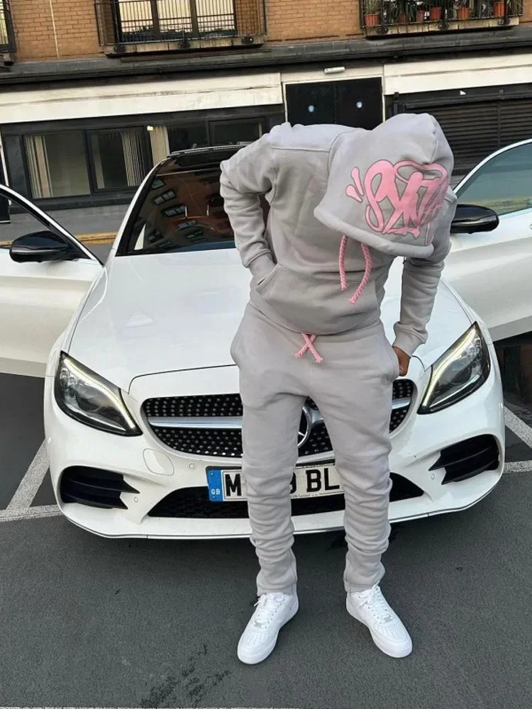 Hip Hop Sports Hooded Pullover Y2k Street Men Hoodies Straight Pants 2 Piece Set Trousers Casual Loose Cotton Printed Tracksuit