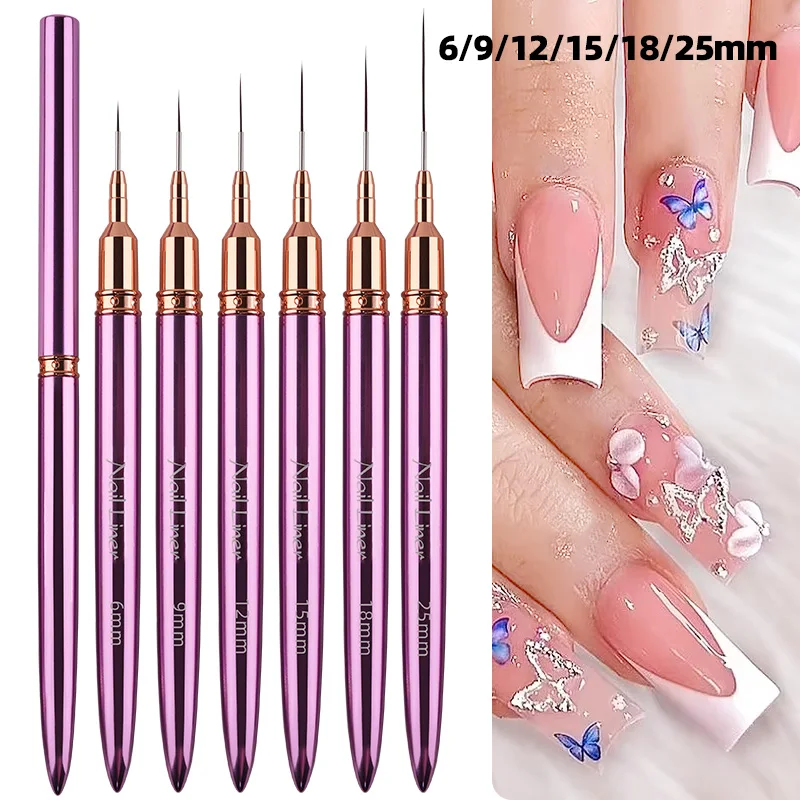 Lila Metallstab Nail Art Pinsel – Liner Pinsel für Detailstreifenmalerei Blumendesign 6/9/12/15/18/25 mm Maniküre-Werkzeuge