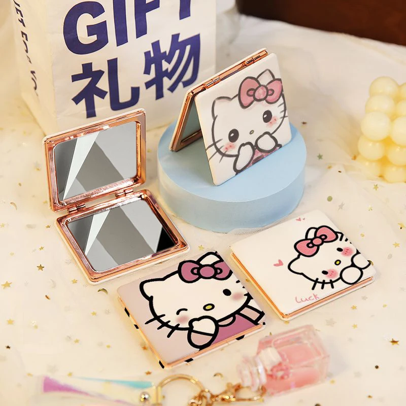 Hello Kitty Mini Makeup Mirror Portable Cute Saniro Kt Cat Double Sided Folding Makeup Mirror for Women Girls Gift Makeup Mirror