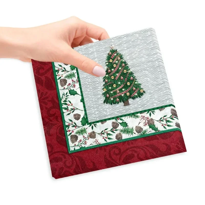 20pcs/Pac 33cm 2-Ply Christmas Tree Paper Napkins Food Grade Printed Cocktail Napkins Commercial Drawing Tissues Square Tissues