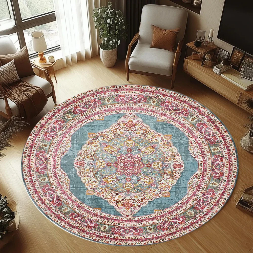 

Round Rug Washable Multi Circle Rug Boho Vintage Non-Slip Floor Carpet for Indoor Living Room Bedroom Dining Room Kitchen