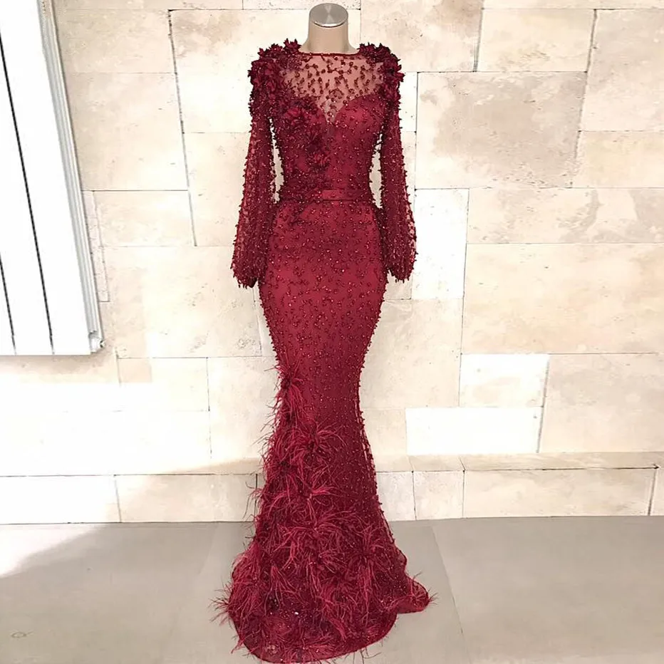 Fashion Beaded Mermaid Evening Dress Long Sleeve Feather prom Dress Decal Wedding Formal Banquet Dress Large Customization