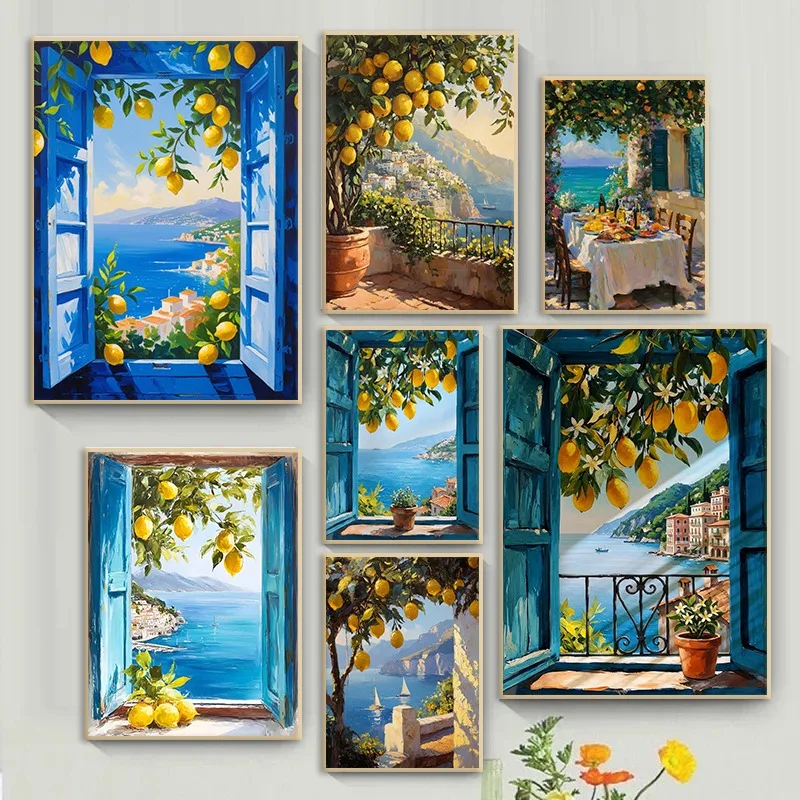 Lemon Tree Seaside View Prints Poster Modern Cottagecore Italian Landscape Canvas Painting Wall Art for Living Room Home Decor