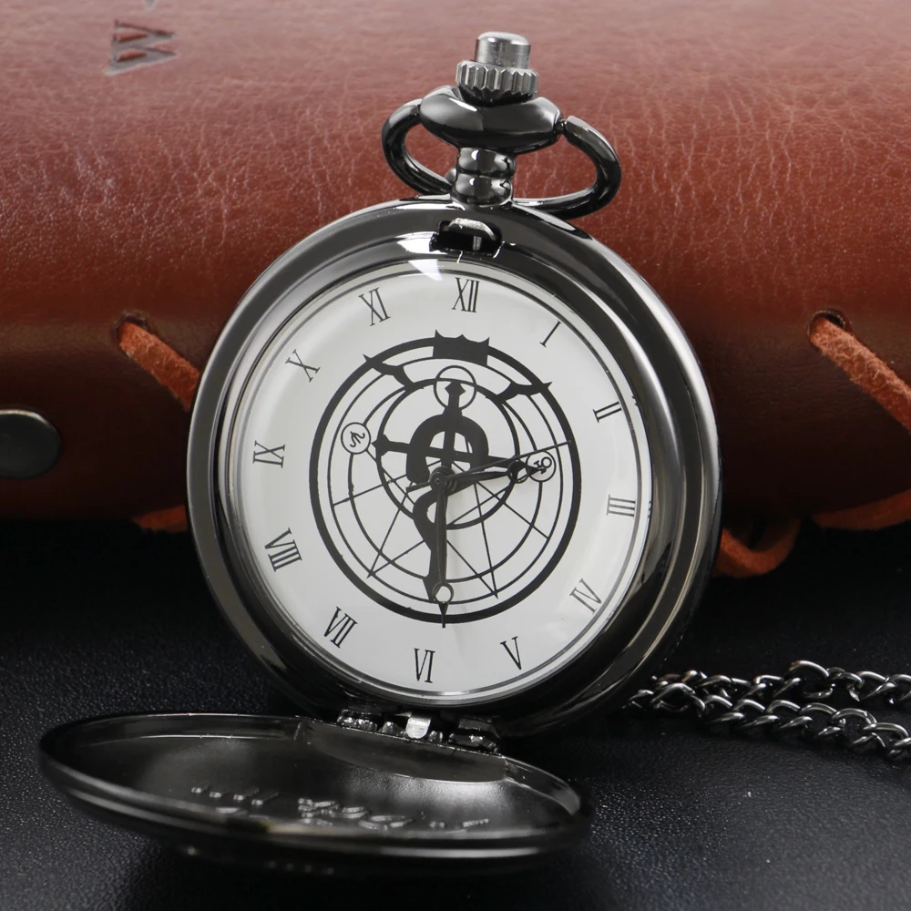 Reloj de bolsillo de cuarzo para hombre y mujer, accesorio de animación negra con patrón de alquimia, estilo Punk al vapor, joyería decorativa Universal, collar, regalo