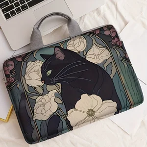 One Set, Two Styles, Vintage Floral Black Cat Pattern Printed Laptop Sleeve, Briefcase, Suitable for 14-inch Laptops