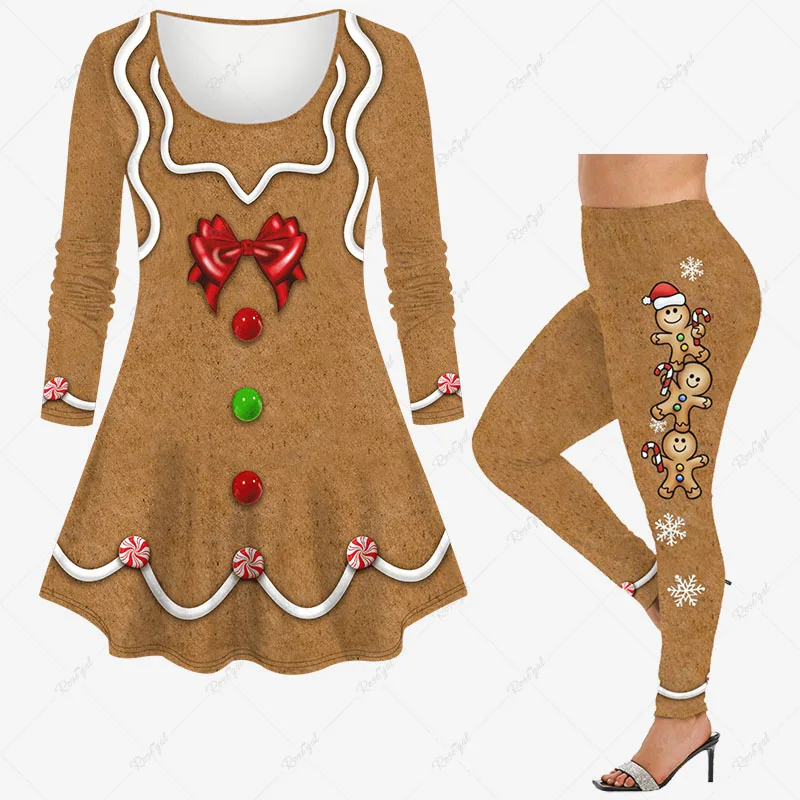 New Christmas Gingerbread Man Bowknot Buttons Candy 3D Print Long Sleeve T-shirt Or Leggings Daily Casual Party Matching Set