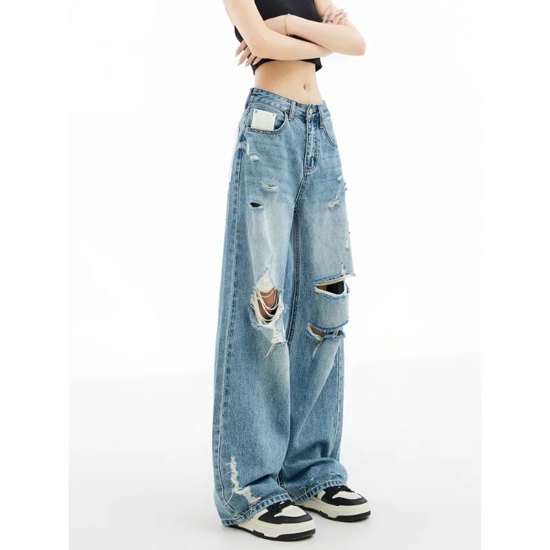 

American Retro Ripped High Waisted Jeans Women's 2024 New Loose and Thin Straight Casual Wide-leg Pants