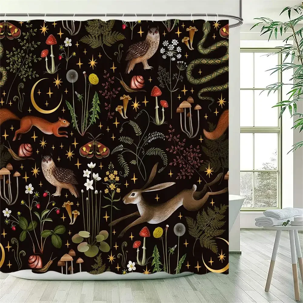 Vintage Mushroom Shower Curtain Funny Animals Squirrel Owl Rabbit Forest Flowers Plant Black Bath Curtains Fabric Bathroom Decor