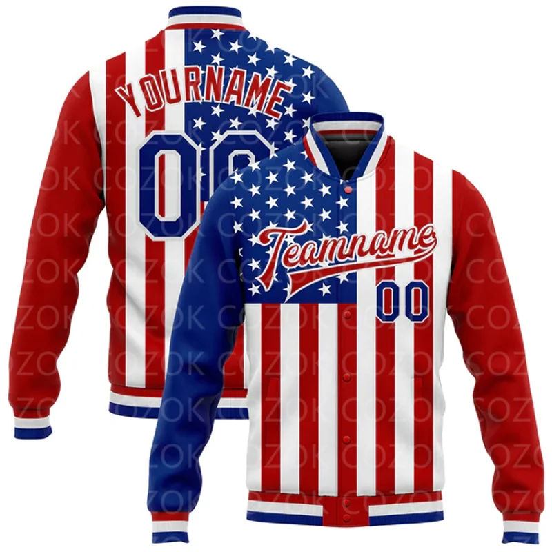 

Custom USA Flag 3D Printed Baseball Button Jacket Bomber Full-Snap Varsity Letterman Jacket