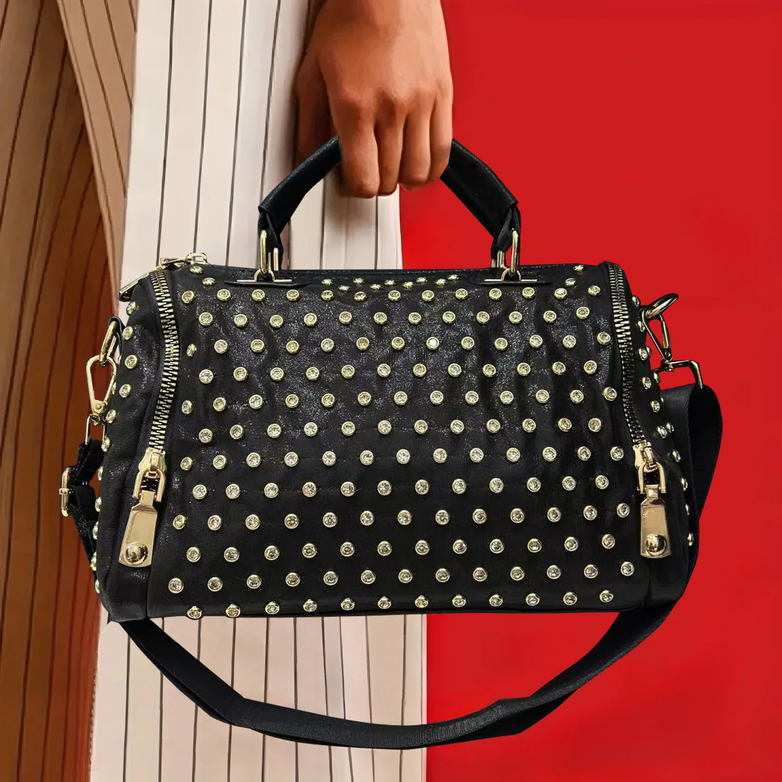 

Ladies' fashionable and elegant diamond jewelry handbag, large capacity retro multi zipper personalized shoulder bag
