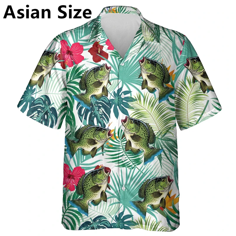 Casual Fishing Lover Hawaiian Shirts Mens Summer Fashion Short Sleeve Lapel Button Fish Graphic Shirt Loose Outdoor Blouse Tops