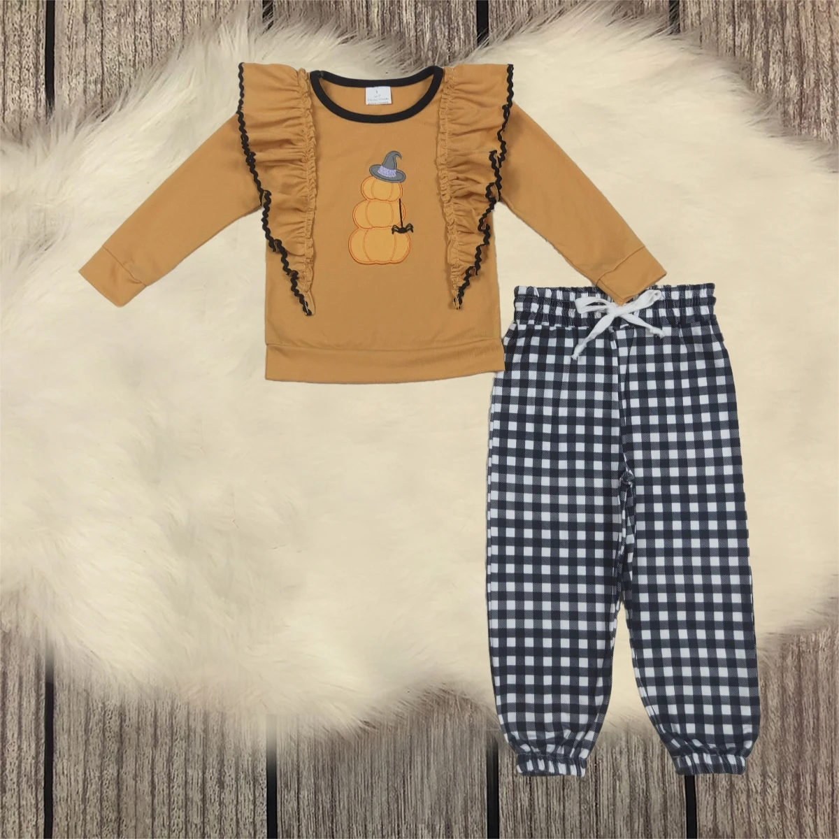 

Toddler Girl Long Sleeves Embroidery Pumpkins Ruffle Shirt Children Halloween Set Baby Kids Infant Plaid Pants Outfit Wholesale