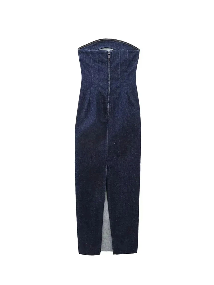 Vestido longo feminino sexy jeans sem alças com zíper rachado, vestidos de festa, azul, feminino, verão, 2022