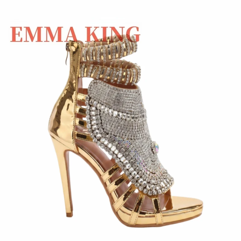 Gold Metallic Patent Leather Sandal Women Luxury Full Rhinestone Ankle Wrap Sandals Elegant Nightclub Wedding Bridal Footwear