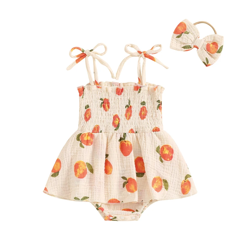 

Baby Girls Summer Romper Dress Sleeveless Peach Print Cami Playsuit with Headband 2pcs Girls Clothes Set