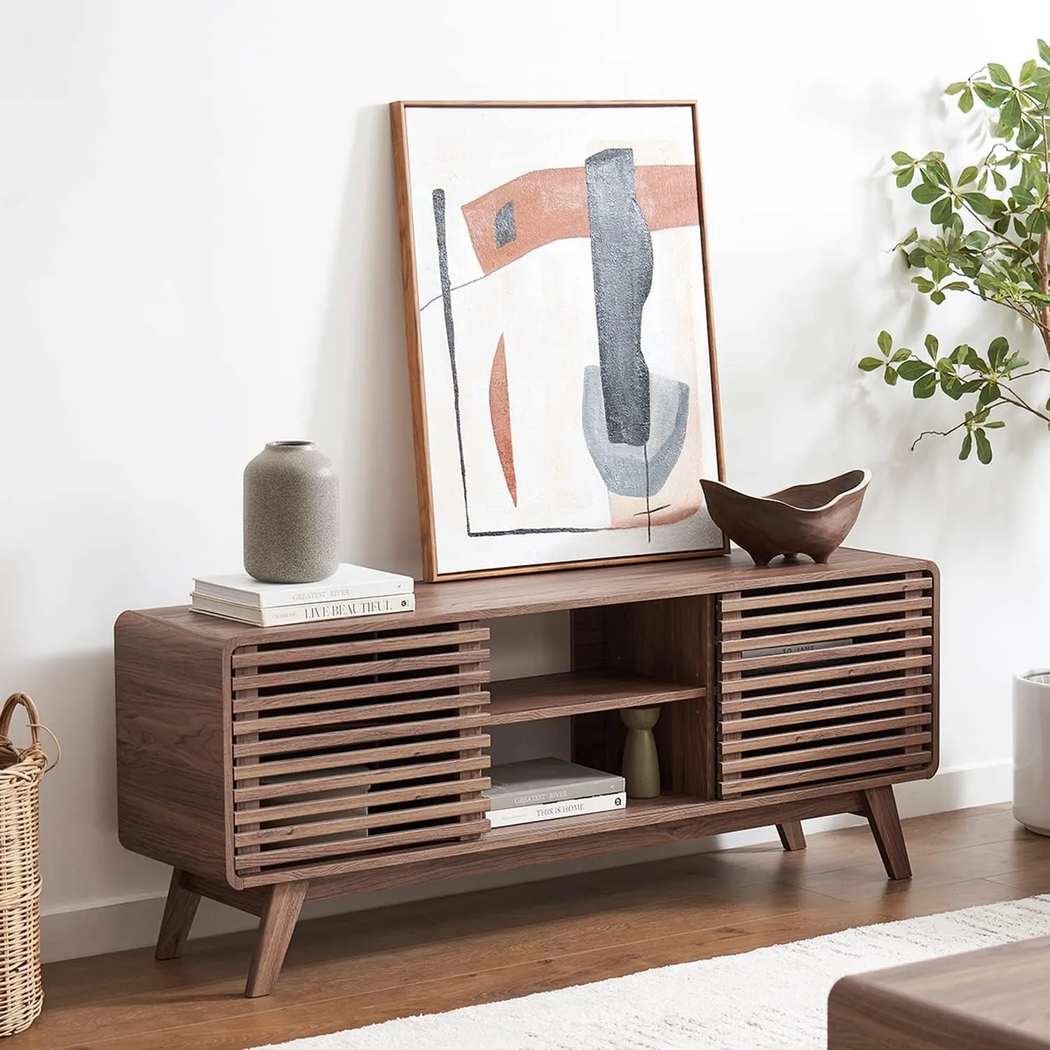 

ТВ-стенд, современный ТВ-стенд среднего века для телевизора 55/60/65 дюймов, ТВ-стенд для фермерского дома, развлекательный центр (орех, 59 дюймов высотой)