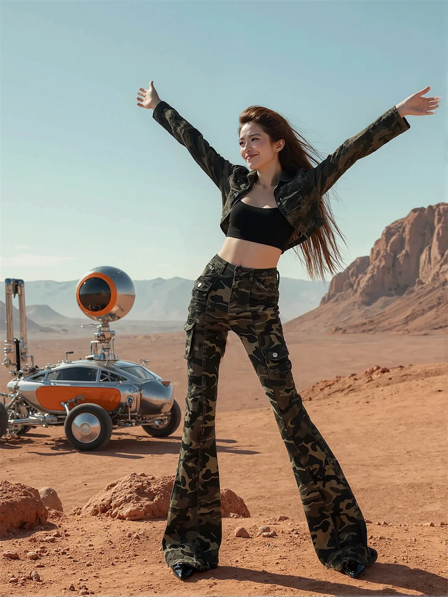 جينز نسائي ضيق مموه على الأرض بخصر عالٍ مطوي فضفاض واسع الساق عتيق مرقع مطرز جيوب أنيق