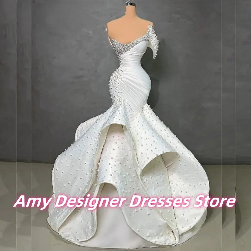 

Exquisite One Shoulder Mermaid Wedding Dresses With Luxurious Peal Beaded Long Bride Gown Vestidos De Novia Females Customized