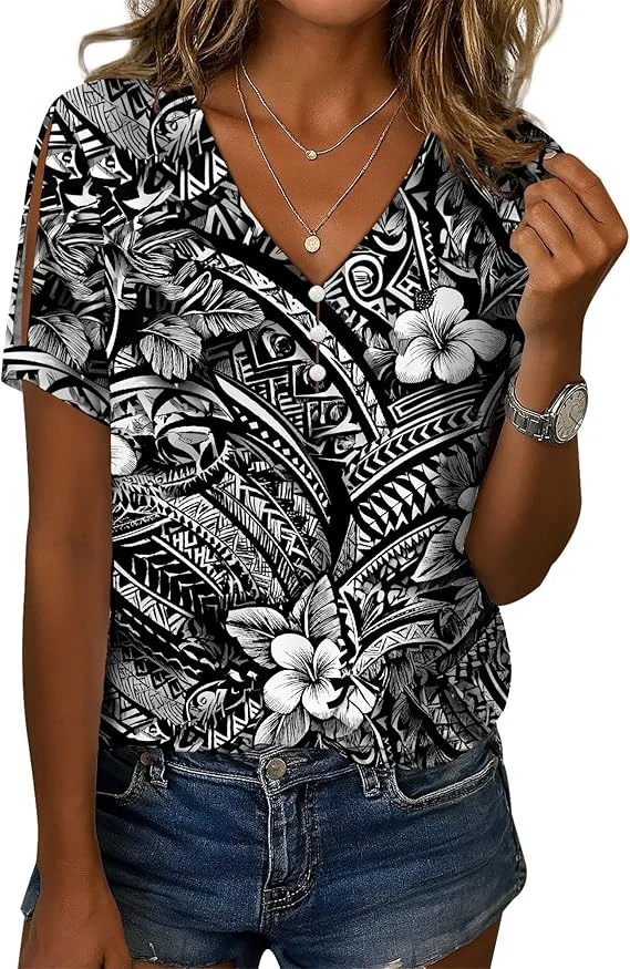 

Boho Tops for Women Linen Shirts Casual V Neck Short Sleeve Floral Printed Dressy Summer Tees