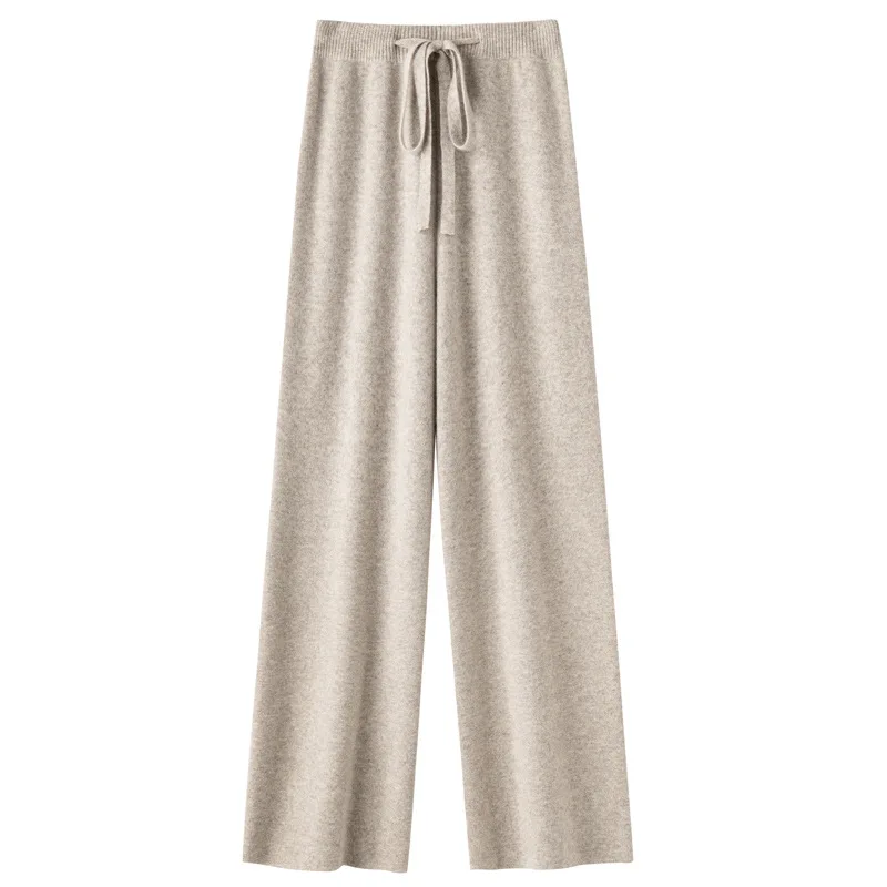 Birdtree 35% Cashmere 65% Wool Wide Leg Pants Autumn/Winter 2025 New Straight Casual Drawstring Knit Long Floor Pants B39332QC