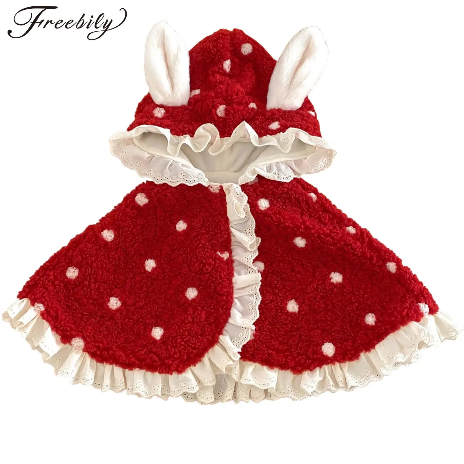 

Флисовый плащ с капюшоном для маленьких девочек, накидка с кружевной отделкой в горошек, теплая нечеткая верхняя одежда с кроличьими ушками для рождественской праздничной вечеринки