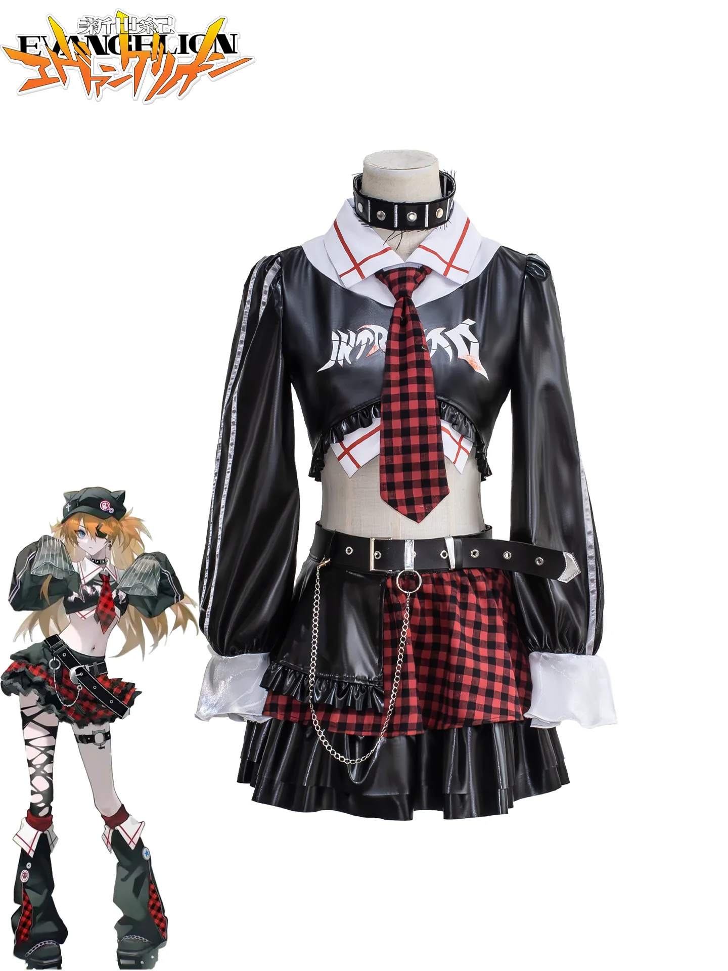 

Anime Rock Style Plug Suit Cosplay Costume Red Battle Uniform Asuka Character Outfit - Sci-Fi Biker Girl Jumpsuit with Accessori
