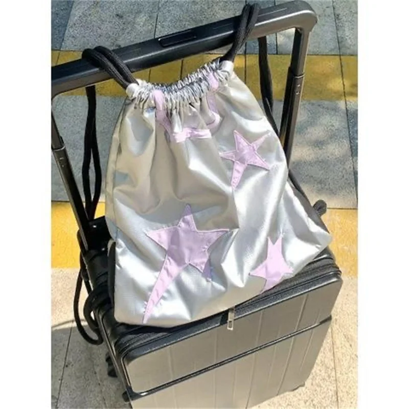 Women Y2K Drawstring Backpacks Korean Fashion Girls Silver Star Backpack Casual Book Bag Student Bags Kids Schoolbag Travel Bag