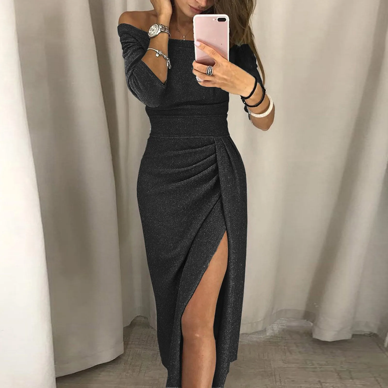 2025 New High Waist Vintage Bling Sexy Dresses Women Autumn Off Shoulder Bright Silk Shiny Party Dress Lady Split Bodycon Dress