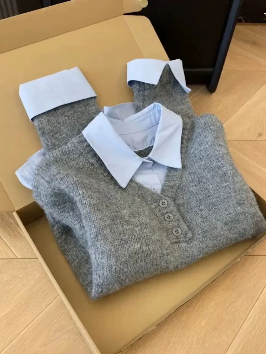 

Spring Autumn Korean Turn-down Collar Design Knitted Top Women's New Style Grey Blue Contrast Sweater Fake Two Piece Stacked