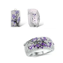 Beautiful Branch Jewelry Set for Women Shiny Red Green Blue Pink Purple Stones Sterling Silver Earrings Ring Set 925 Jewelry