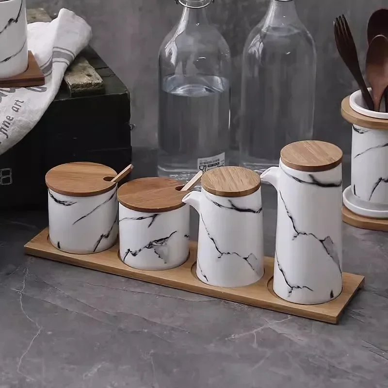 Marbled Ceramic Spice Jar Oil Can Condiment Box Seasoning Bottle Kitchen Spice Container Chopstick Holder Vinegar Pot Oil Bottle
