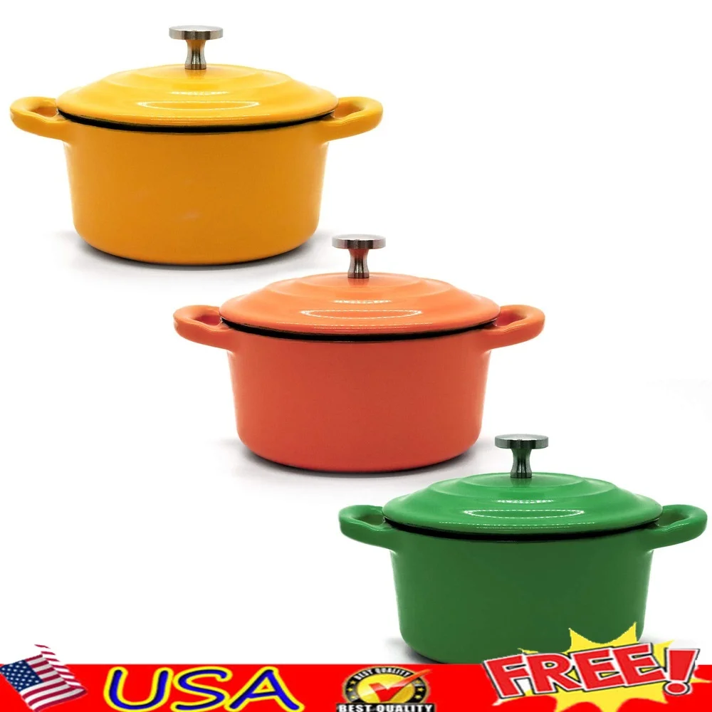 

Enameled Cast Iron Mini Pot Set 3-Piece Round Cocotte 8.5 oz Oven Safe Induction Compatible Heat Retaining Cookware