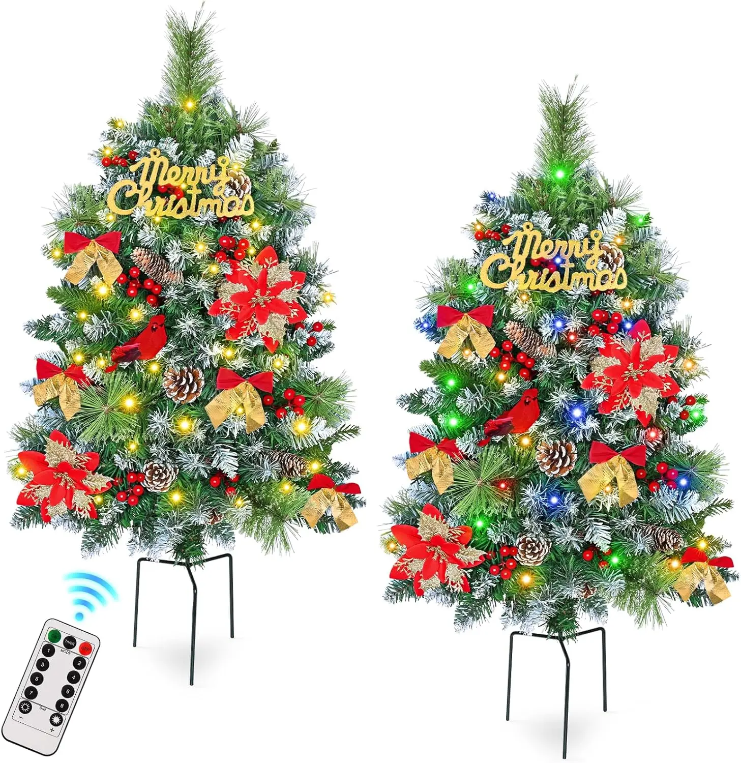 

2-Pack 30in Outdoor Christmas Tree with Lights & Poinsettia, Holiday Porch Planter Bushes