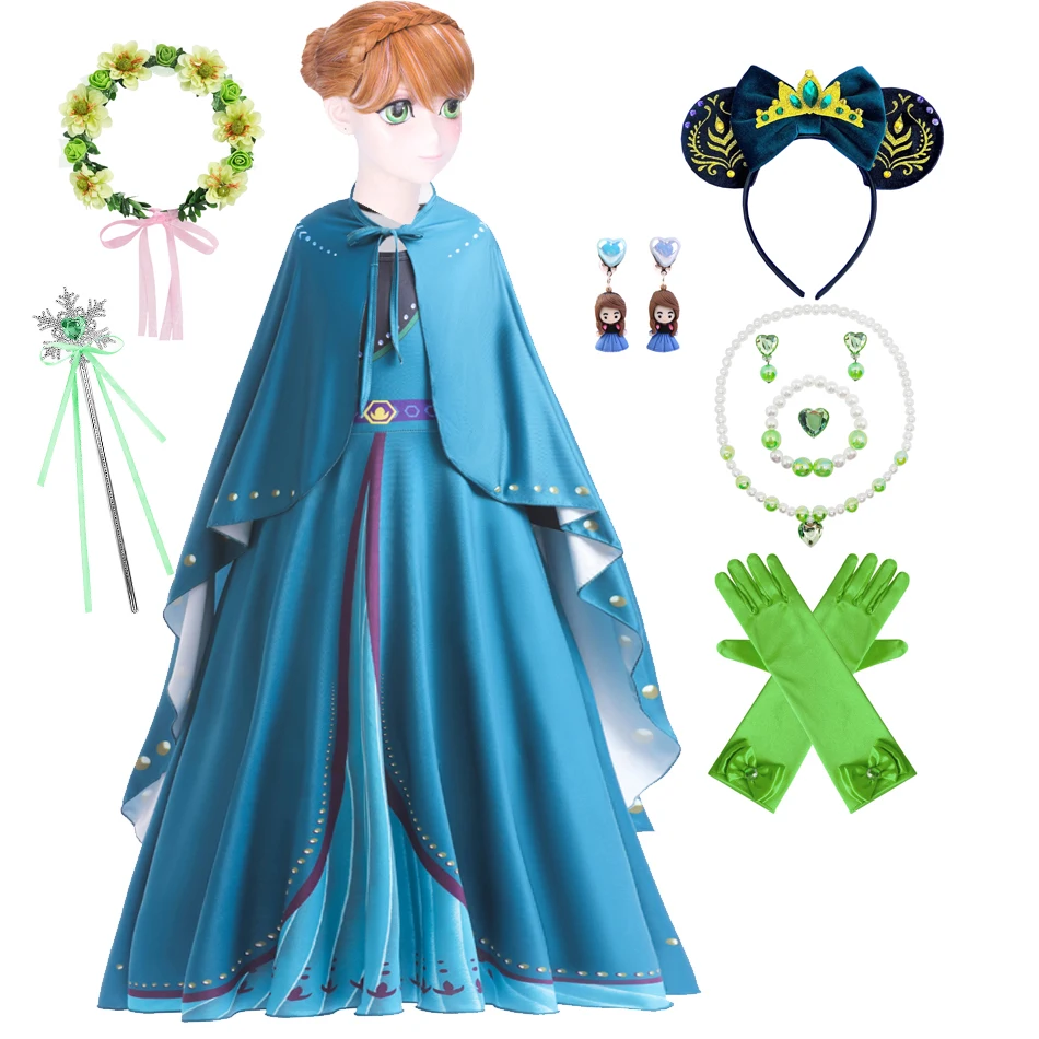 

Anna Dress Girls Princess Cosplay Costume Elsa Anna Dress Up Outfit With Wig Crown Gloves Halloween Carnival Party Frocks Cloak