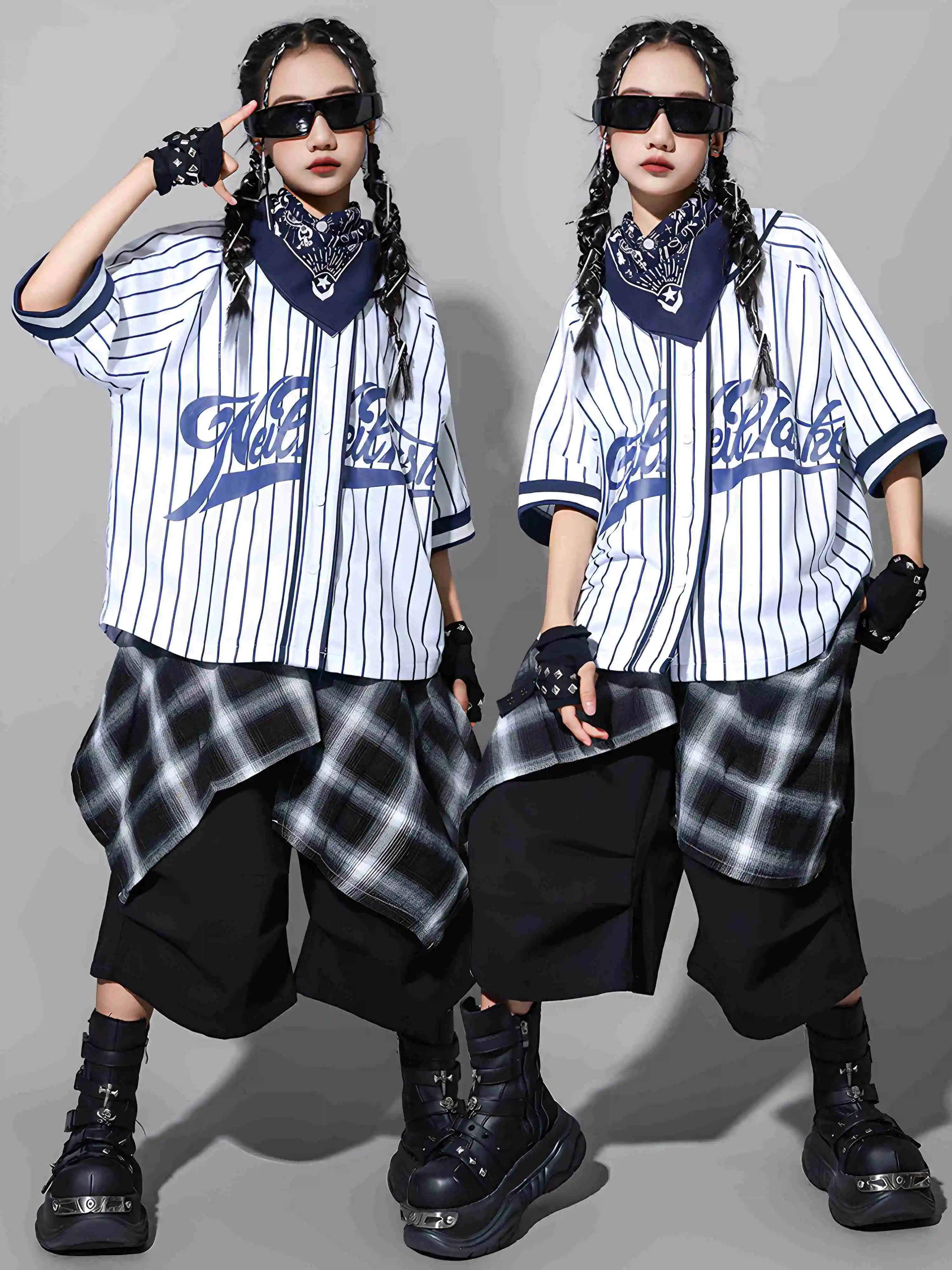 

Kids Street Dance Hip Hop Clothing Striped Short Sleeves Baseball Coat Summer Girls Boys Baggy Performance Suit Fashion BL16439