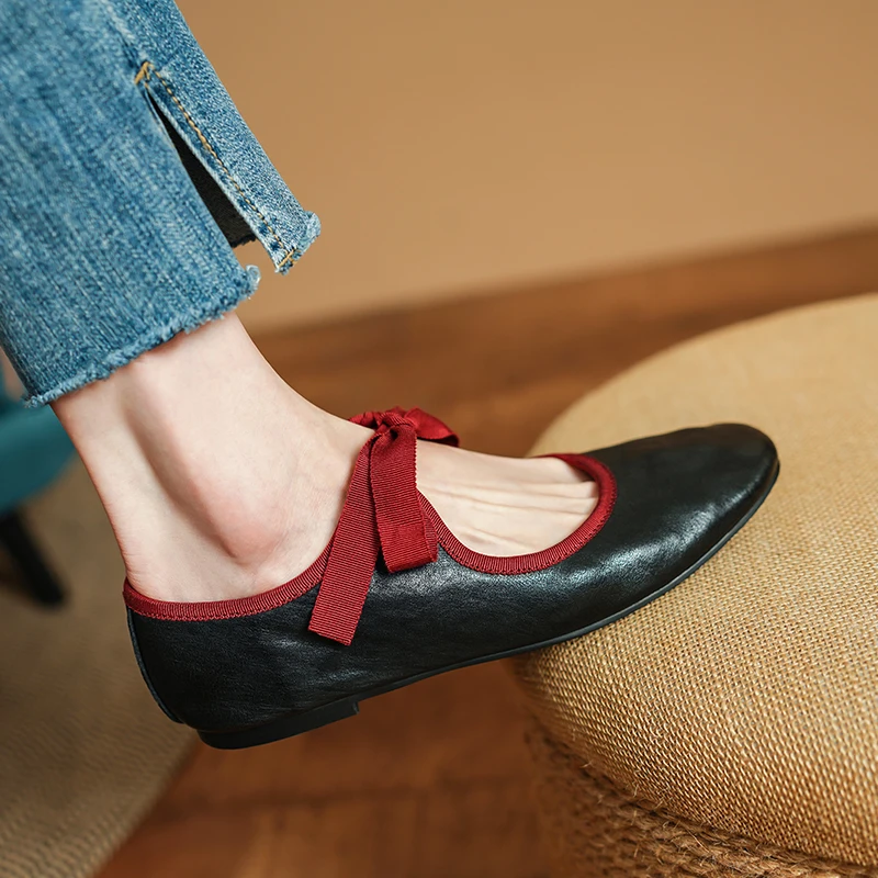 Woman Flats Simple Shoes Ladies High Quality Retro Flats Round Toe  Mary Jane Horseskin Spring Autumn Vintage Shoes