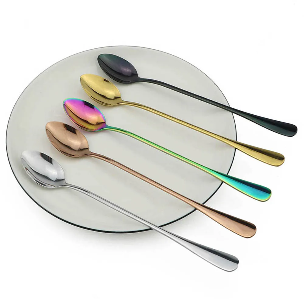 Colorful Long Handled Teaspoons Juice Coffee Stirring Cutlery Stainless Steel Spoon Ice Cream Dessert Spoon Kitchen Accessories