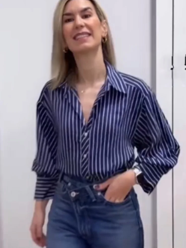 

HH Spring Women New Bubble Sleeve Single Breasted Turn-down Collar Shirt Female Casual Loose Versatile Striped Poplin Blouse