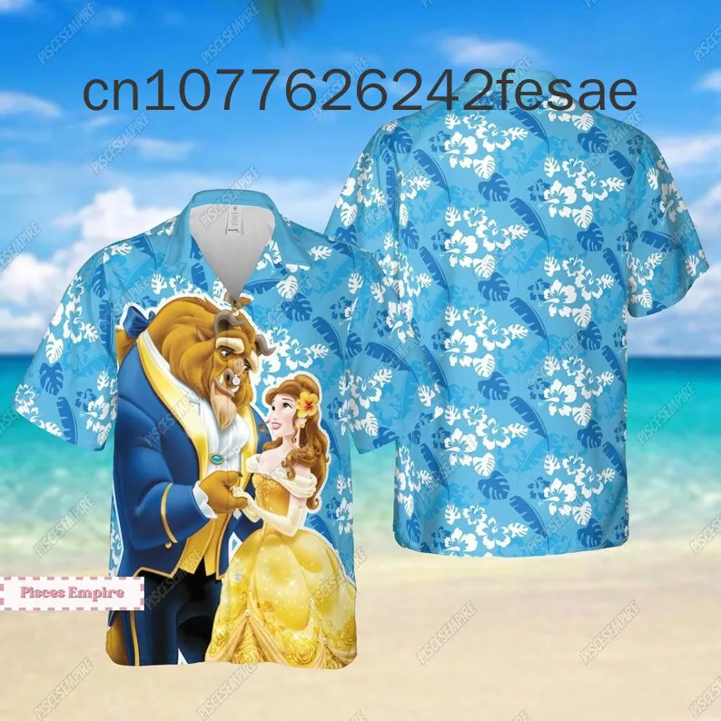 

2024 New Beauty and the Beast Hawaiian Shirts Disney Fashion Retro Button Beach Party Men's and Women's Shirts