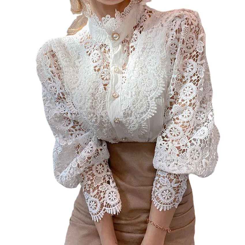 Lace Embroidery High Collar Blouse Pure Color Button Down Fashion Puff Sleeve Vintage T-Shirts Tea Break French Style Top.