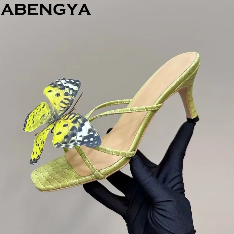

Summer Colorful Butterfly Slides Kitten Heels Slippers Women's Sweet Style Square Toe Sandals Beach Vacation Dress Shoes Sandals
