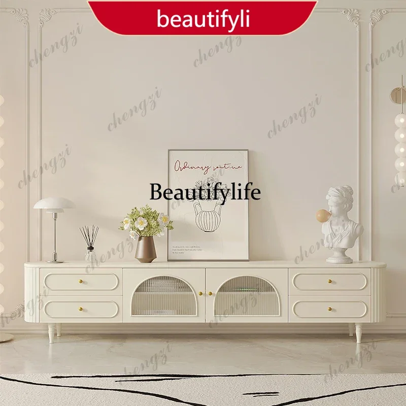 smt45 French Cream-style TV Stands Lacquered Long Rainbow Glass Rock Plate TV Stands High-legged Solid Wood Furniture Taquilla J