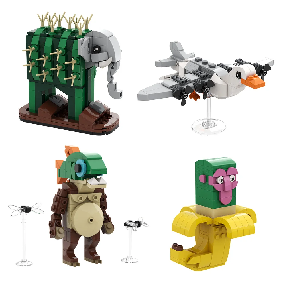 MOC Die AI Gehirn Verfallende Tiere Bausteine Modell Holz stick shark lange nase affe elefant Ziegel Spielzeug Kinder Geschenk