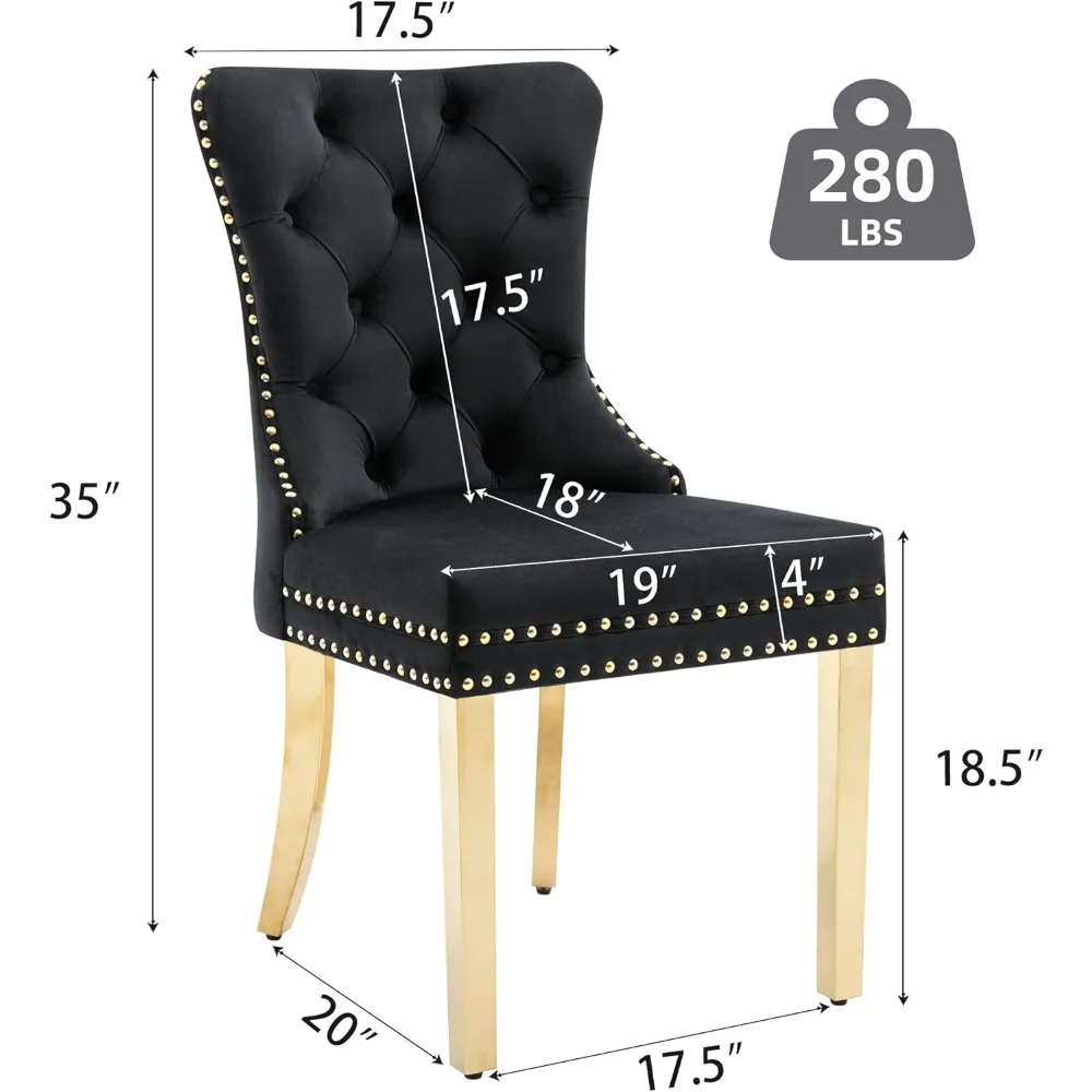 Tufted Velvet Chairs with Golden Stainless Legs, Rivet Trim Metal Pull Ring Large Back for Kitchen Dining Room Restaurant