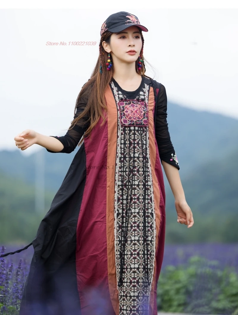 2025 chinese vintage dress national flower embroidery tassels sleeveless dress oriental folk dress ethnic a-line hanfu dress