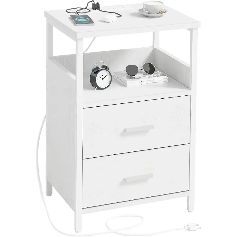 Nightstand with Charging Station, End Table with Fabric Wood Drawer, Living Room