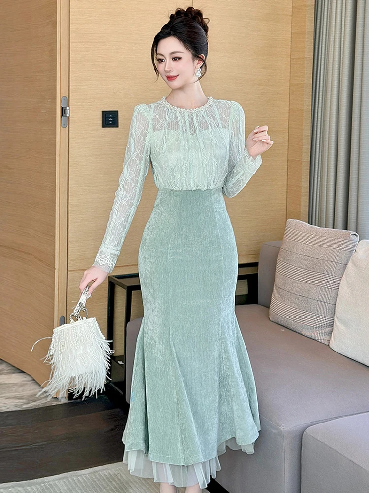 Falso 2 piezas de encaje transparente Sexy Maxi vestido de mujer elegante ocasión Formal vestido de noche fiesta delgada ropa de mujer Casual nueva llegada