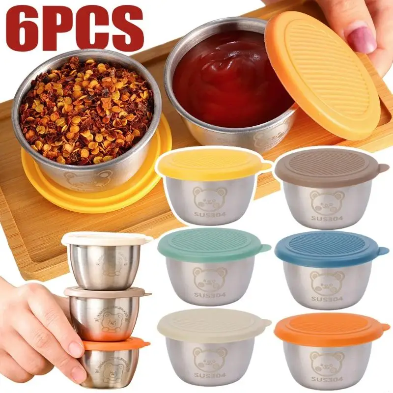 1/4/6Pcs Mini Salad Sauce Container Outdoor Portable Stainless Steel Sauce Cup With Lid Reusable Leak Proof Snack Food Storage