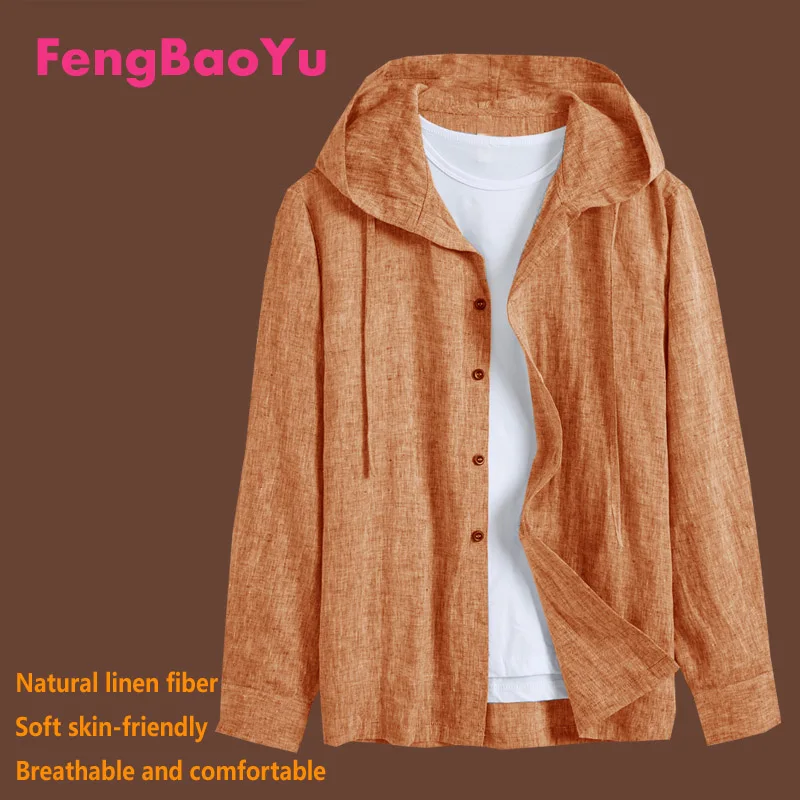 Fengbaoyu Spring and Summer Linen Long-sleeved Hooded Shirt Cotton Linen White Shirt Sunscreen Tops Solid Color Clothes 5XL